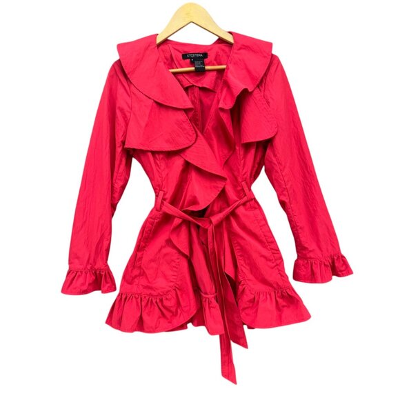 Etcetera Belted Ruffle Jacket Womens Coral Red Pink Trench Coat Size 4 - Picture 3 of 16
